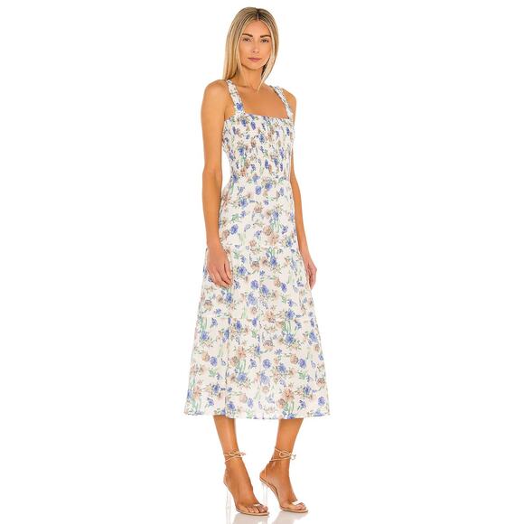 Heartloom Ronnie Dress Small Blue Floral Cotton Smocked Midi Revolve Cottagecore - Picture 4 of 7